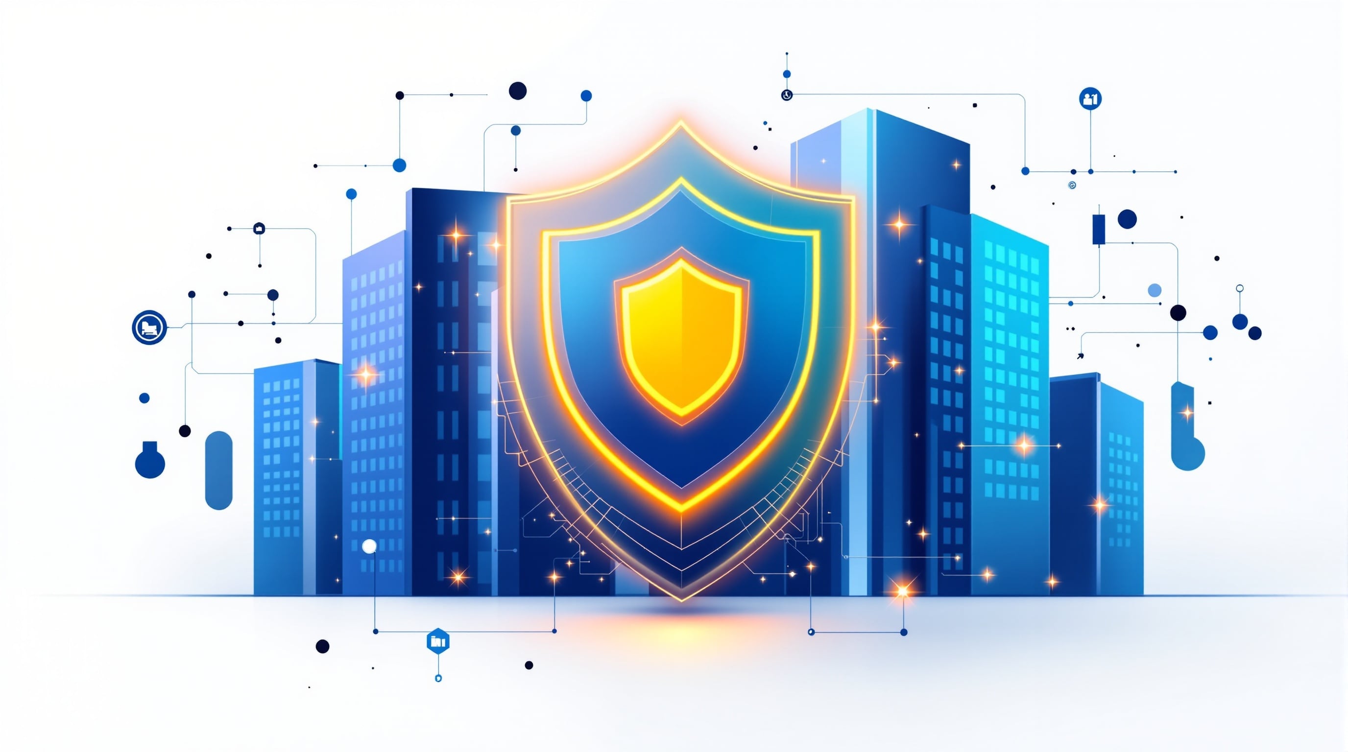 AI-powered shield protecting a business building with digital compliance monitoring network